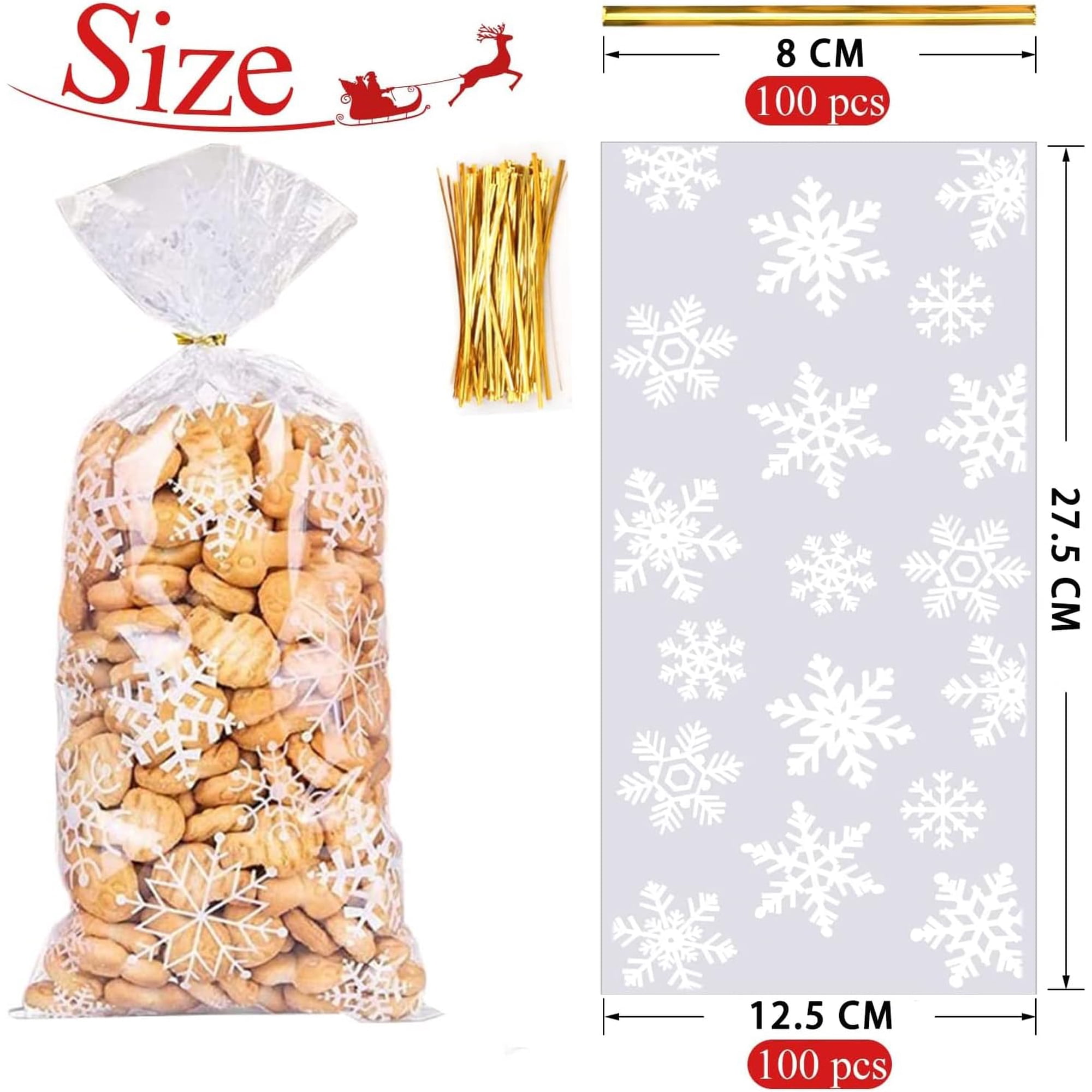 200-Count Christmas Pretzel Rod Bags - Clear Self-Sealing Cellophane With Snowflake Design, 2x10 Inches