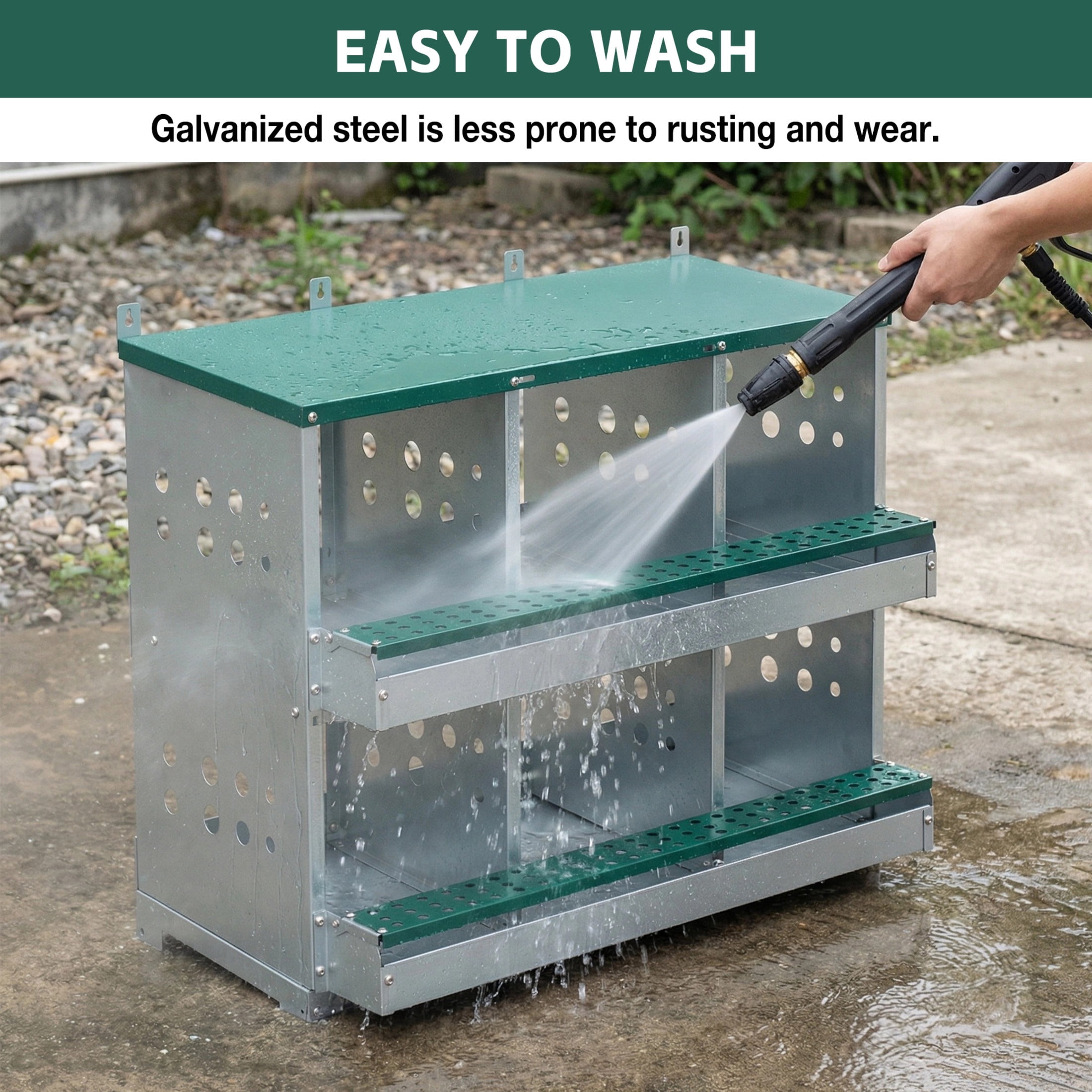 Noble House 6-Hole Steel Chicken Nesting Box with Sloped Roof and Egg Collection Incline, for Hens, Ducks, Green