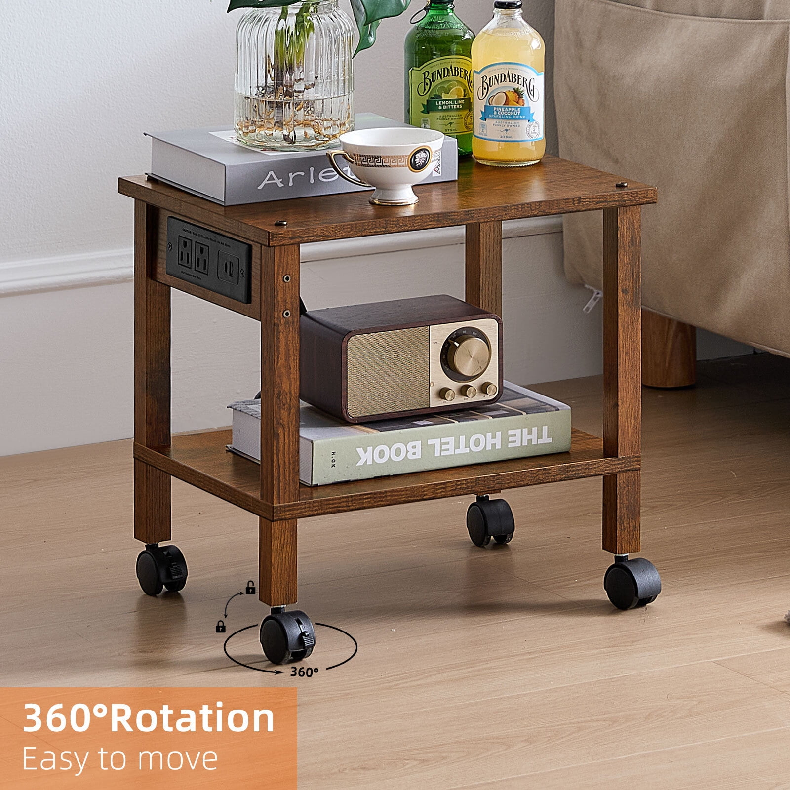 LEYAOYAO 2-Tier Printer Stand for Desk with Storage, Wooden Desktop Organizer Shelf & Charging Station, Saves Space for Home Office, Brown
