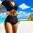 thumbnail image 6 of Joernso 2Pcs/Set Women Summer Bikini Set V-Neck Short Sleeve Tops High Waist Drawstring Swimming Trunks Solid Color Quick Drying Swimsuit, 6 of 8