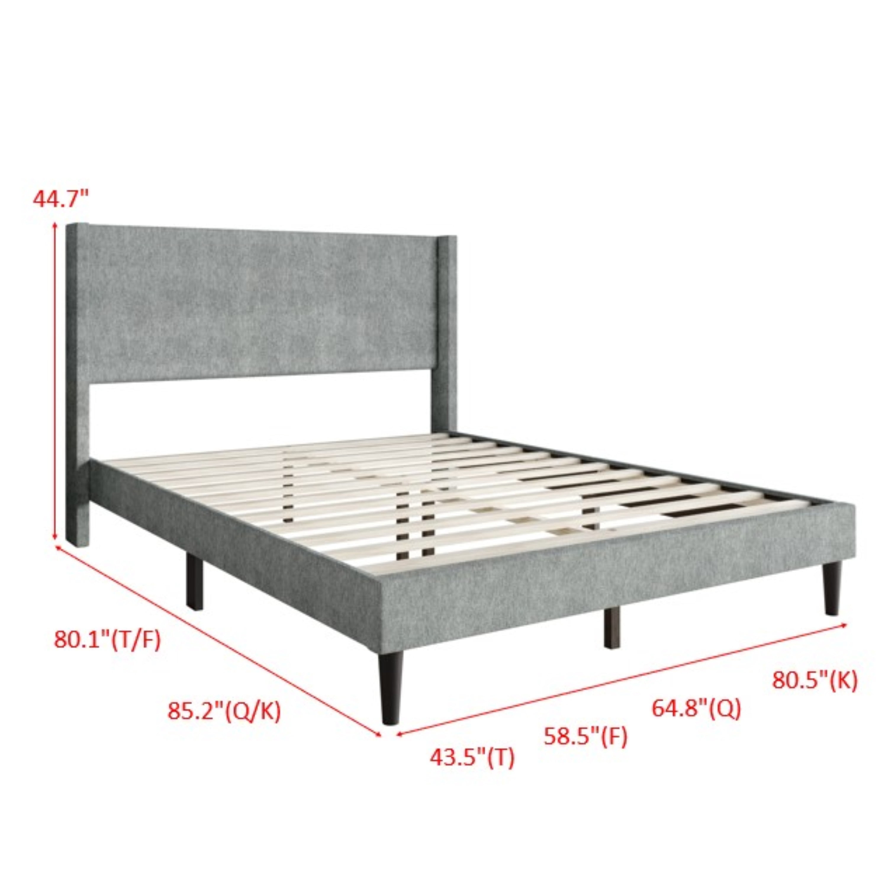 Home Design Bangor Full Upholstered Wingback Platform Bed Frame, Linen, No Box Spring Required, Light Gray