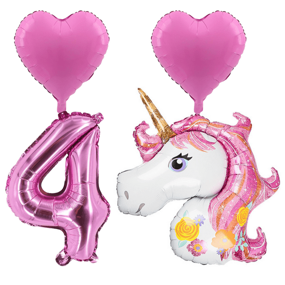 Unicorn 4th Birthday Party Balloons Pink Foil Number Set