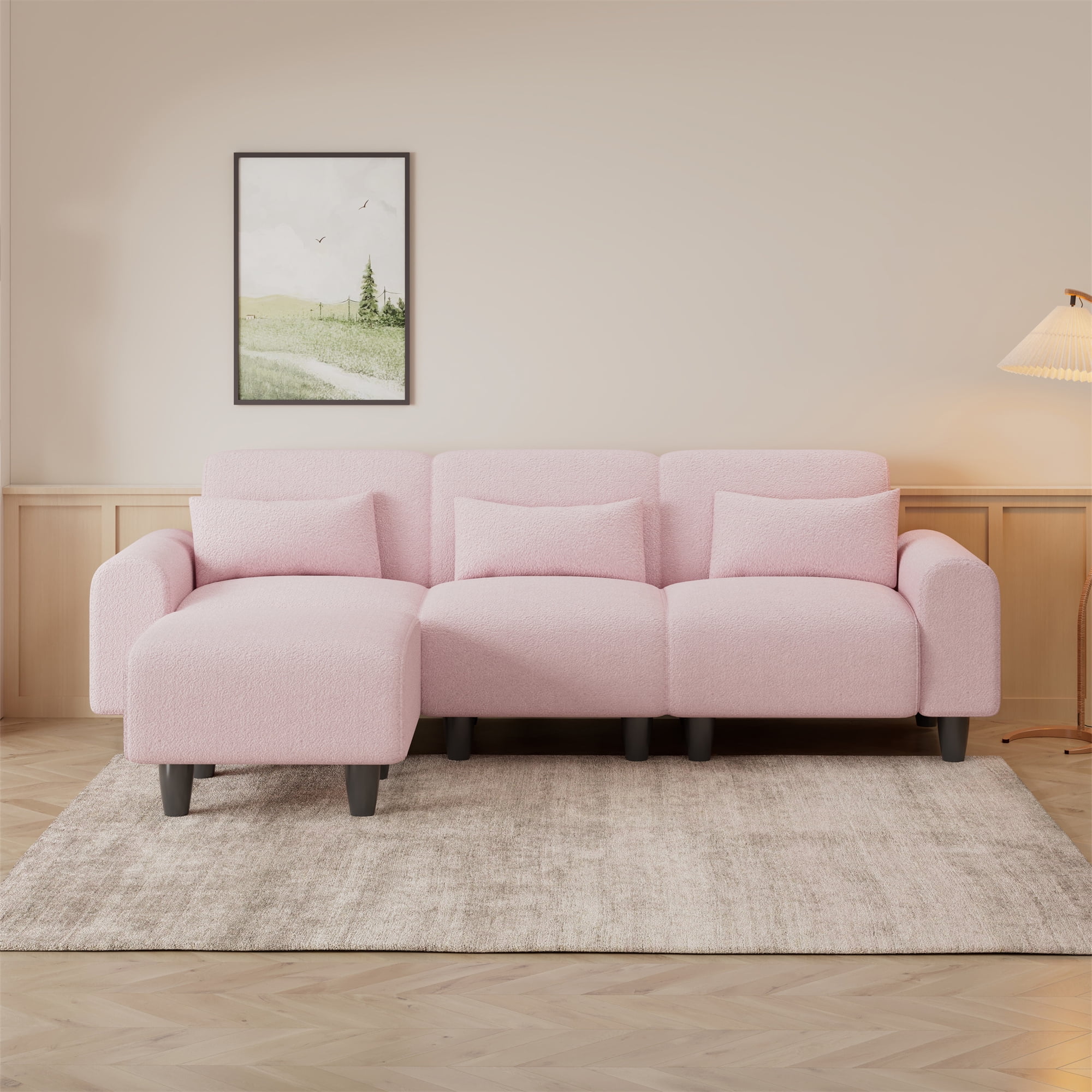 Aukfa 85" Reversible Sectional Sofa, Deep Seat Couch with Chaise for Living Room, 3 Pillows, Pink
