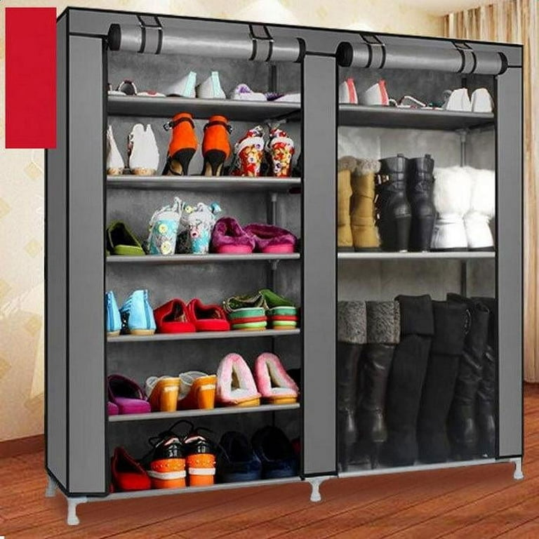 JIUYOTREE Double Row Shoe Rack Storage Organizer with Big Capacity,7-Tier Shoe Cabinet,Shelf,Closet with Nonwoven Fabric Cover for 28 Pairs of Shoes