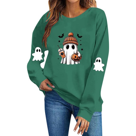 Womens Halloween Long Sleeve Crew Neck Sweatshirts Fall Cute Ghost Pumpkin Print Casual Tops ,Women's Long Sleeve Sweater Holiday Family Matching Tops