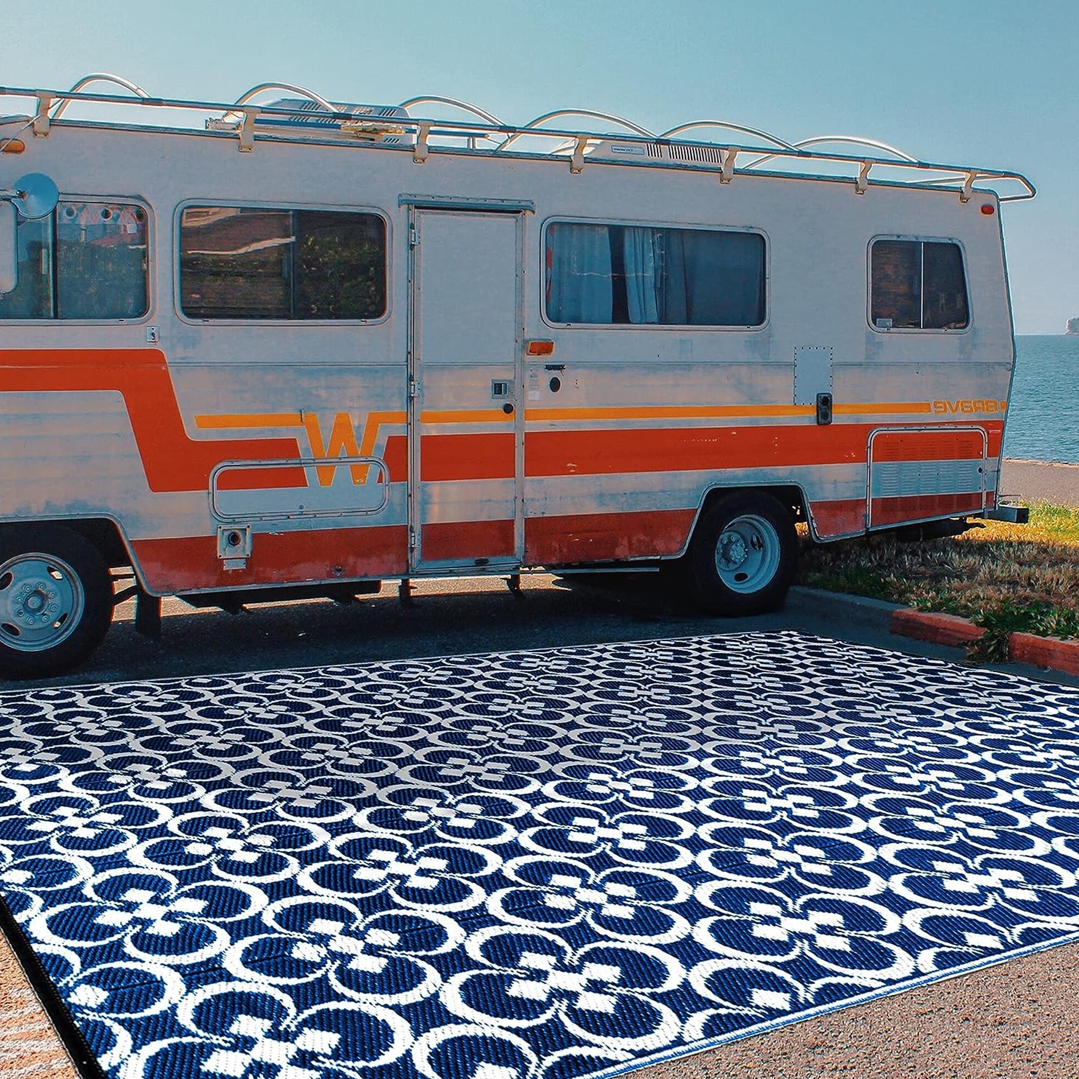 Outdoor Rugs 5'x8' Plastic Straw on Sale Clearance Reversible Waterproof Patio Rugs Geometric Lightweight Carpets for RV Camping Deck Beach Balcony Picnic Porch, Blue White