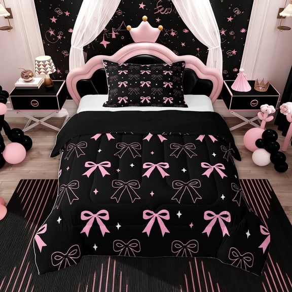 Erosebridal Pink Bowknot Bedding Sets with Comforter, Cute Princess Duvet Insert, Bow Tie Decor, Reversible 2 Pieces