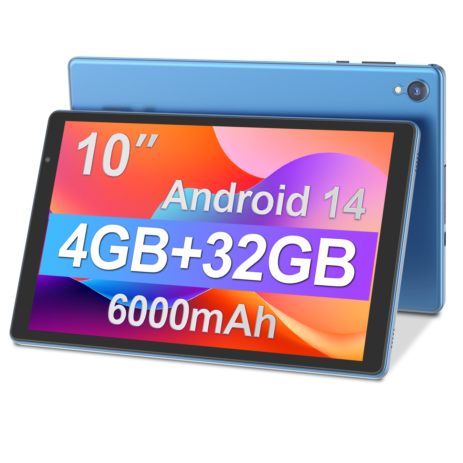 Android Tablet, 10 inch Android 14 Tablet, Quad-core CPU, RAM 4GB(2G+2G), ROM 32GB (Up to 1TB), 800x1280 IPS, WiFi 6, 2MP+2MP, 6000mAh, Blue