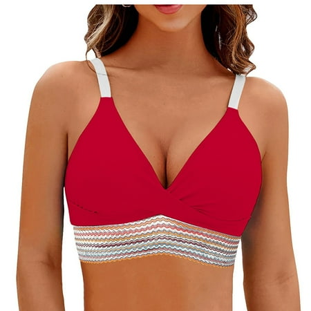 OSFVNOXV Bikini Tops for Women Push Up Bra Ruched Full Coverage Wire-Free Color Blocked Rhinestone Soft Cups Padded Slim Fit Swimsuit Top Clearance