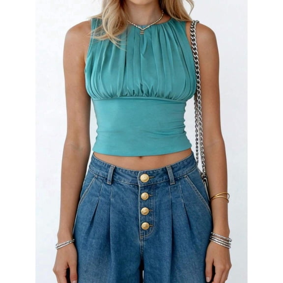Teal Blue Ruched Halter Crop Tank Top Sleeveless Fitted Cami for Women