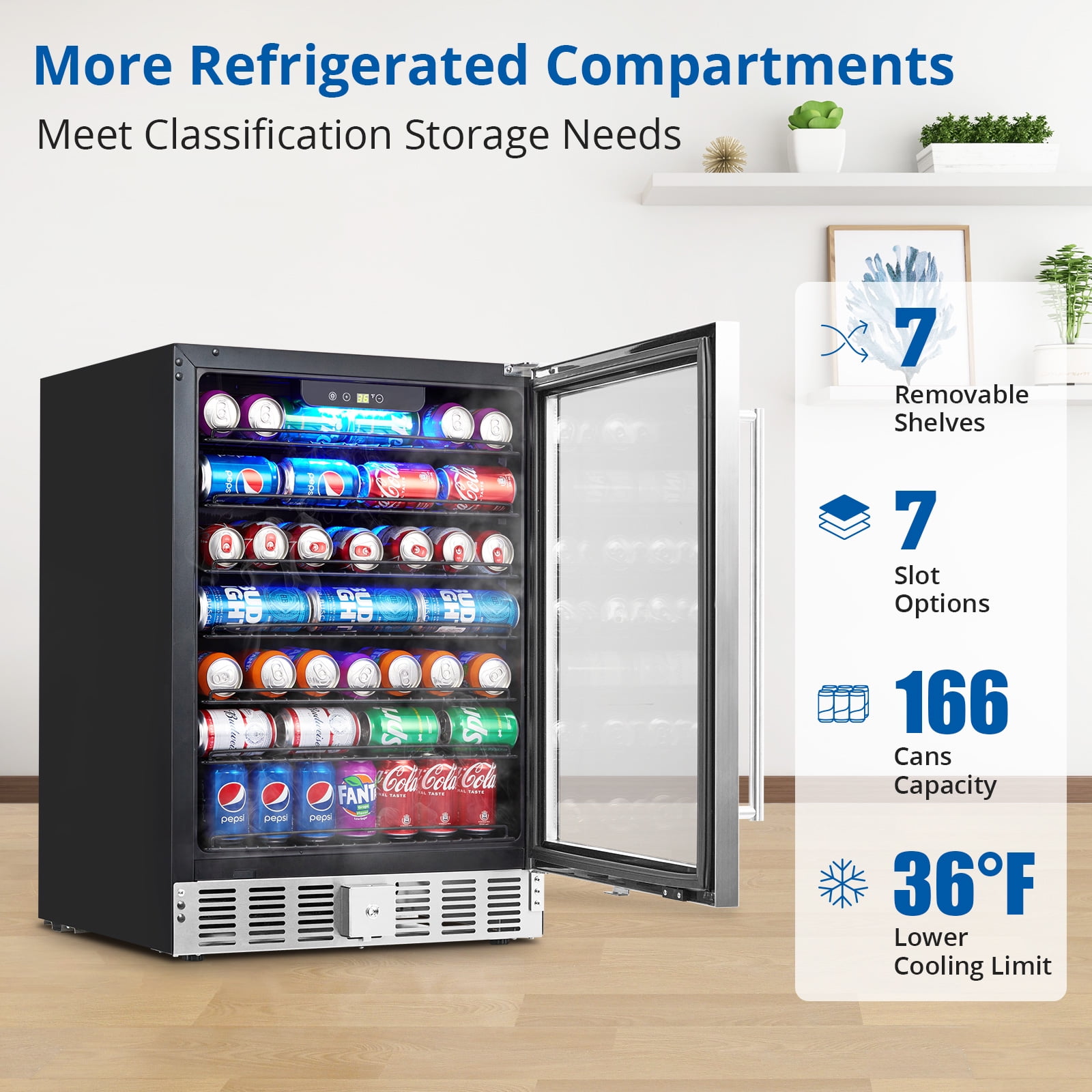 Towallmark 166 Can Beverage Refrigerator and Cooler with Glass Door for Home, 2.52"D x 23.42"W x 33.86"H, Silver