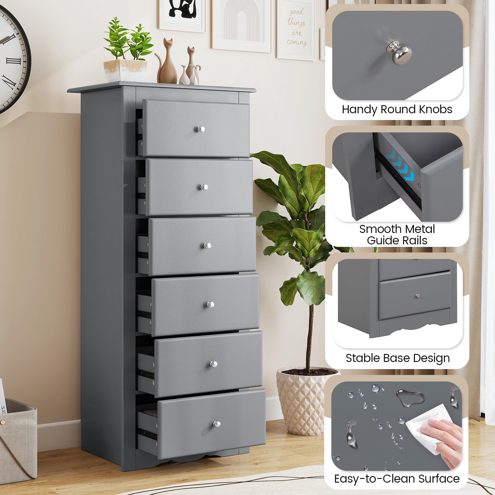 Giantex 6 Dresser Chest, Free Standing Wooden Storage Cabinet, Tall Dresser Clothes Organizer, Grey