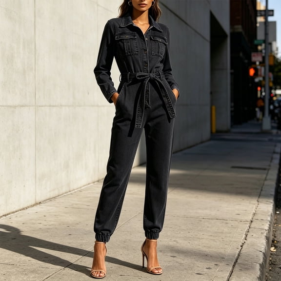 Women’s Washed Collared Denim Jumpsuit, Chest Patch Pocket Drawstring High Waist Tapered Leg Sleeveless Casual One Piece Outfit Black S