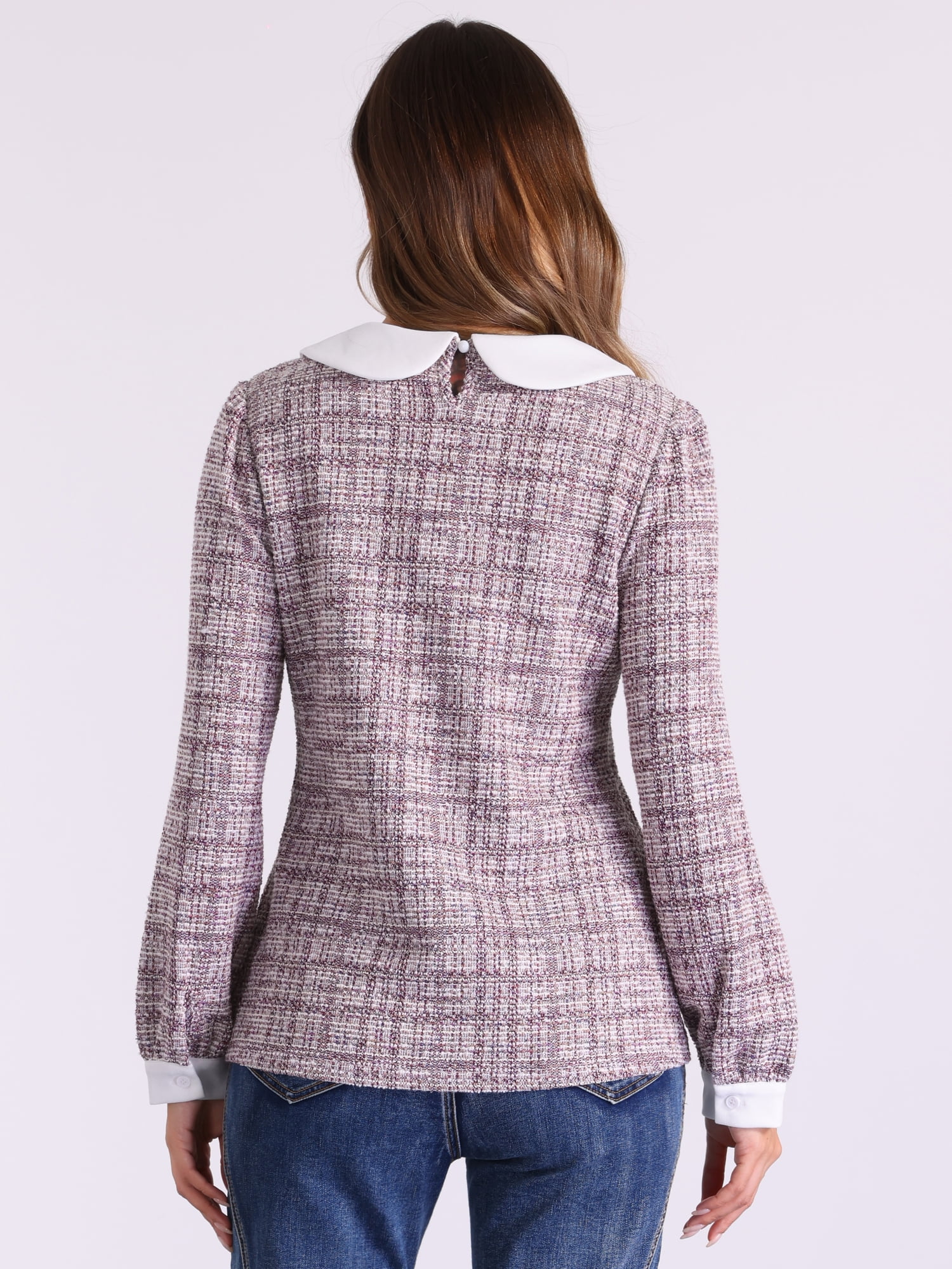 DARING DIVA Women's Button Decor Crew Neck Collared Tweed Blouses M Pink