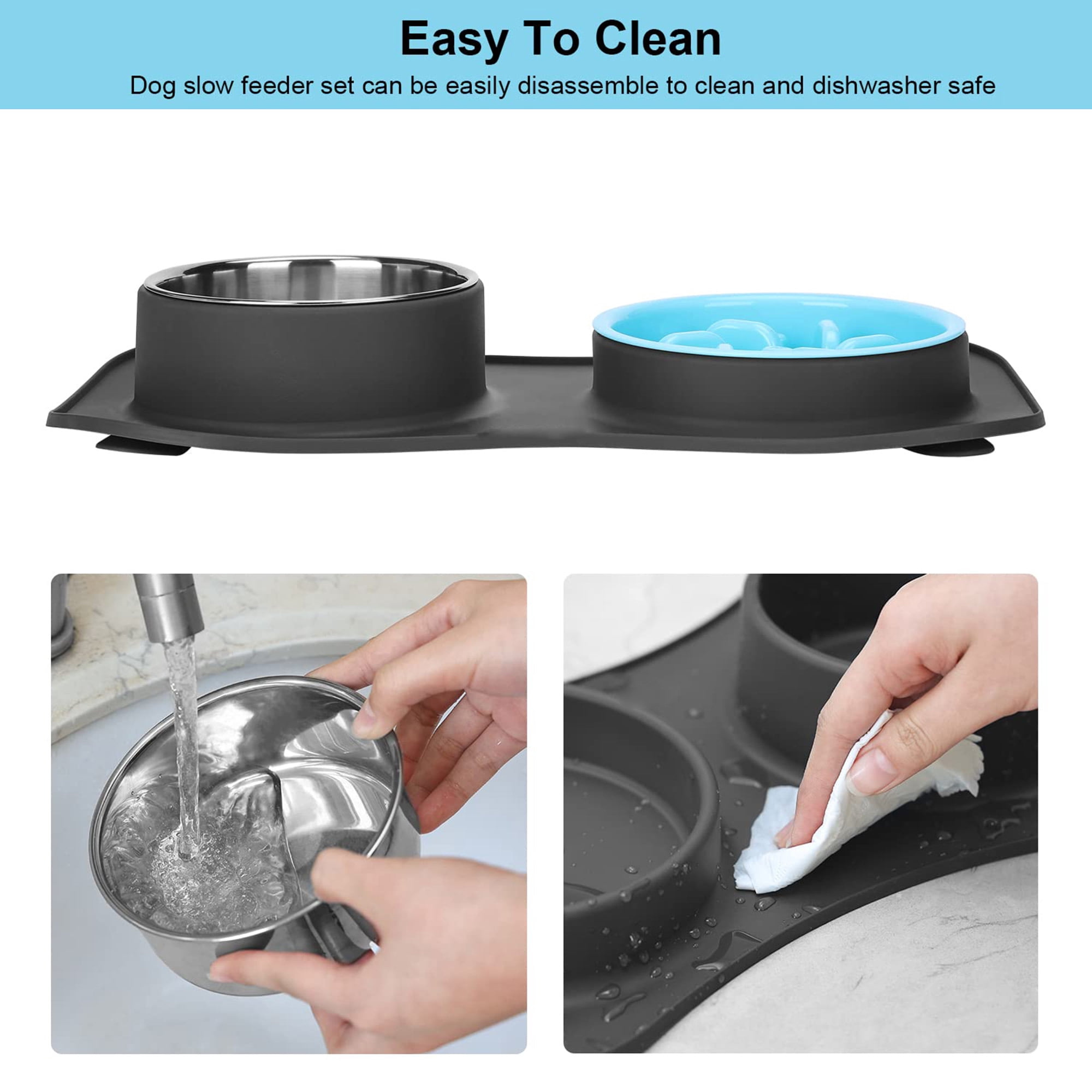 Slow Feeder Dog Bowl Set, 3 in 1 Stainless Steel and Water Bowls with Non Slip Silicone Mat, Slow Eating Solution for Large Medium Small Dogs and Cats to Preent Choking and Bloating, Black