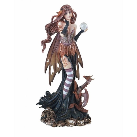 FC Design 9"H Brown Fairy Holding Crystal Ball with Red Baby Dragon Statue Fantasy Decoration Figurine