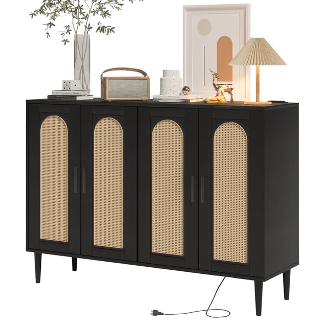 4-Door Rattan Sideboard Buffet Cabinet with Power Outlet, Boho Console Table with Adjustable Shelves for Dining Room, Kitchen, Hallway