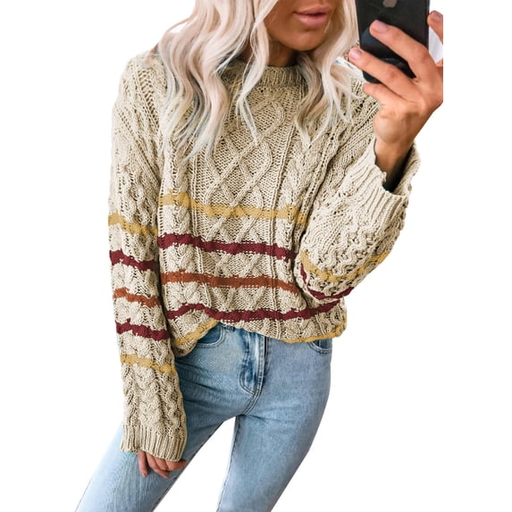 Asyoly Women Winter Striped Sweater Pullover Crewneck Color Block Casual Sweater Jumper