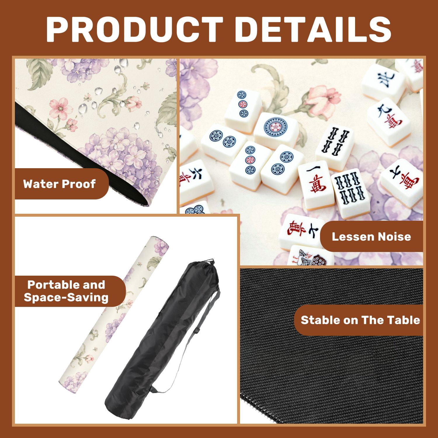 Mahjong Mat 31.5" x 31.5" Vintage Botanical Purple Hydrangeas Pink Flowers Beige Non-Slip Noise Reduction American Mahjong Tiles Table Cover for Dominoes Poker Card Board Games Gift