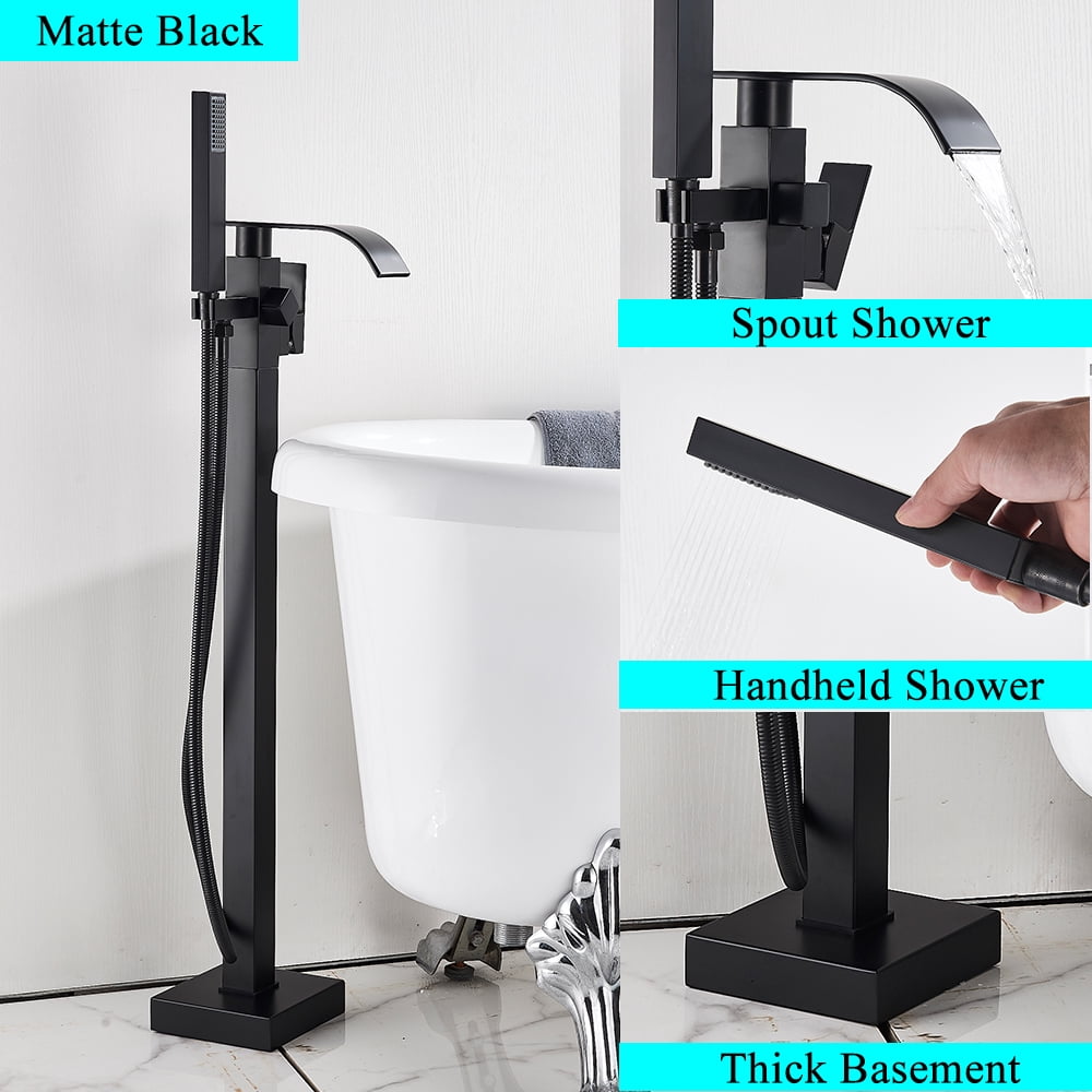 Matte Black Floor Mounted Bathtub Faucet Free Standing Tub Filler W/Hand Sprayer