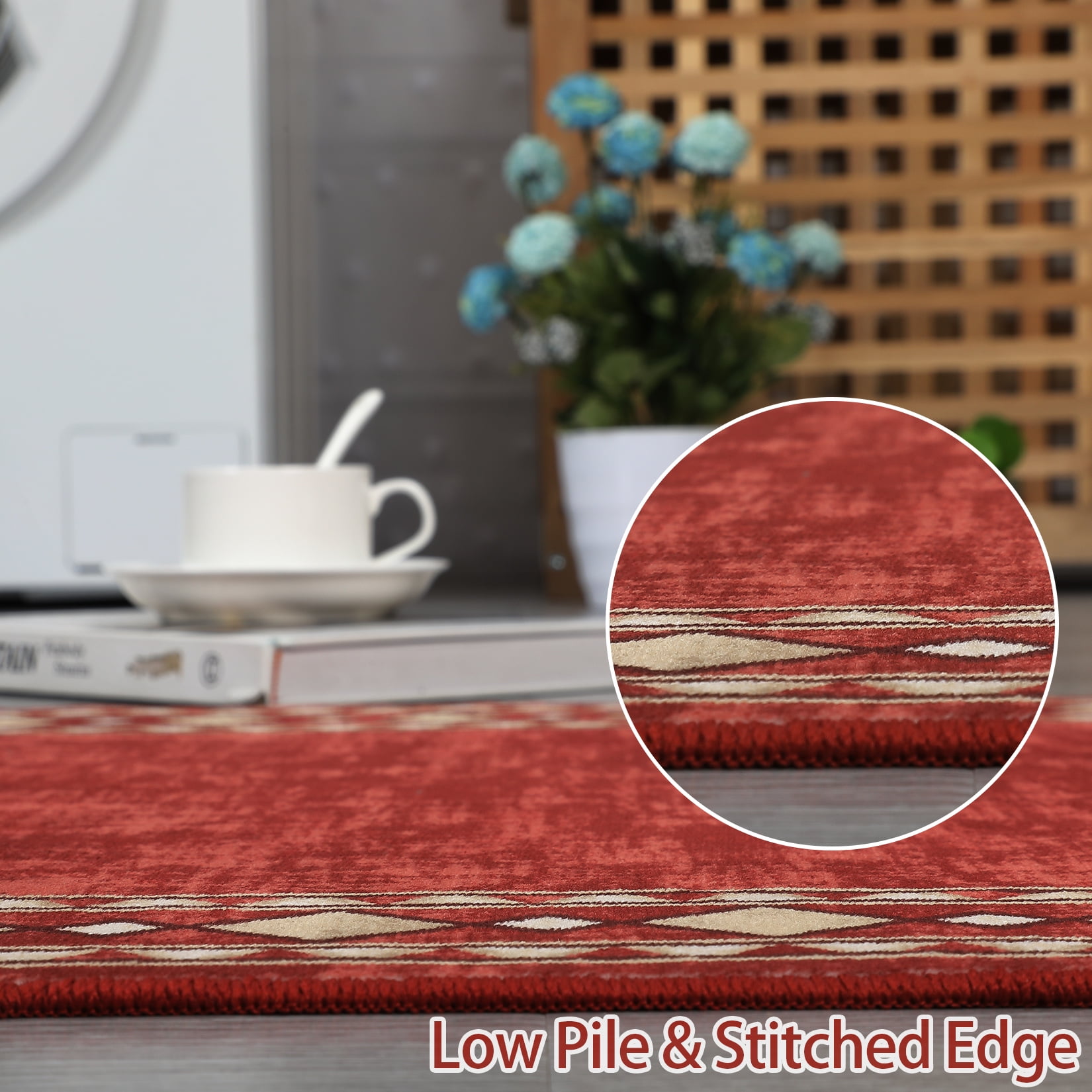 Hasoo Large Area Rug 9' x 12' Rug for Living Room Bedroom Border Non-Slip Washable Accent Indoor Neutral Carpet Red