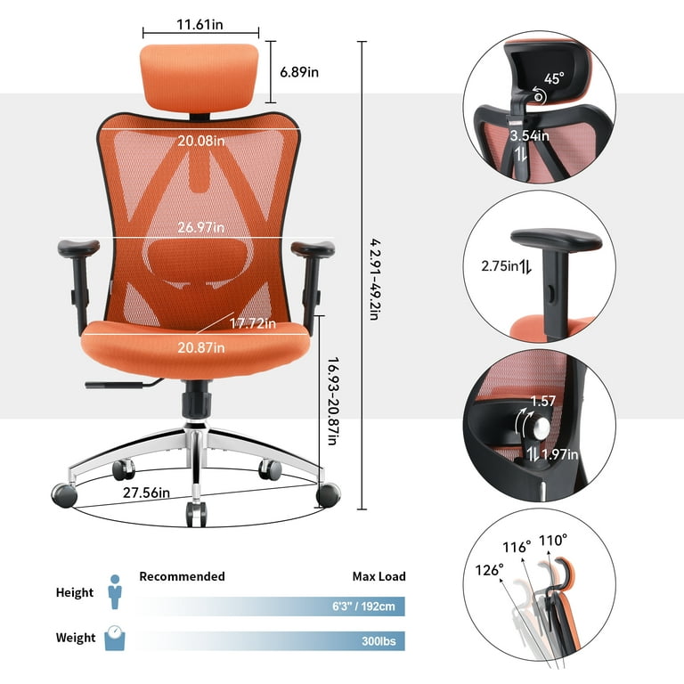 SIHOO Ergonomic High Back Office Chair, Adjustable Computer Desk Chair with  Lumbar Support, 300lb, Orange 