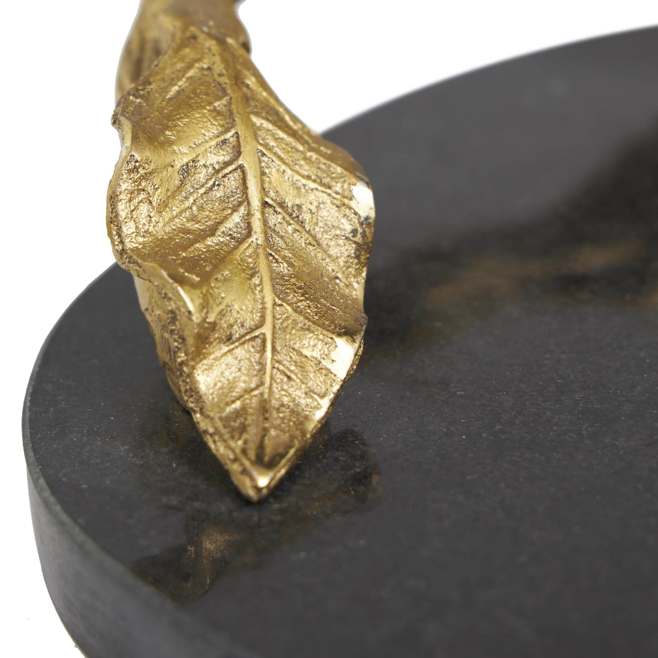 DecMode 19" x 10" Black Marble Oval Leaf Tray with Gold Twisted Metal Handles, 1-Piece