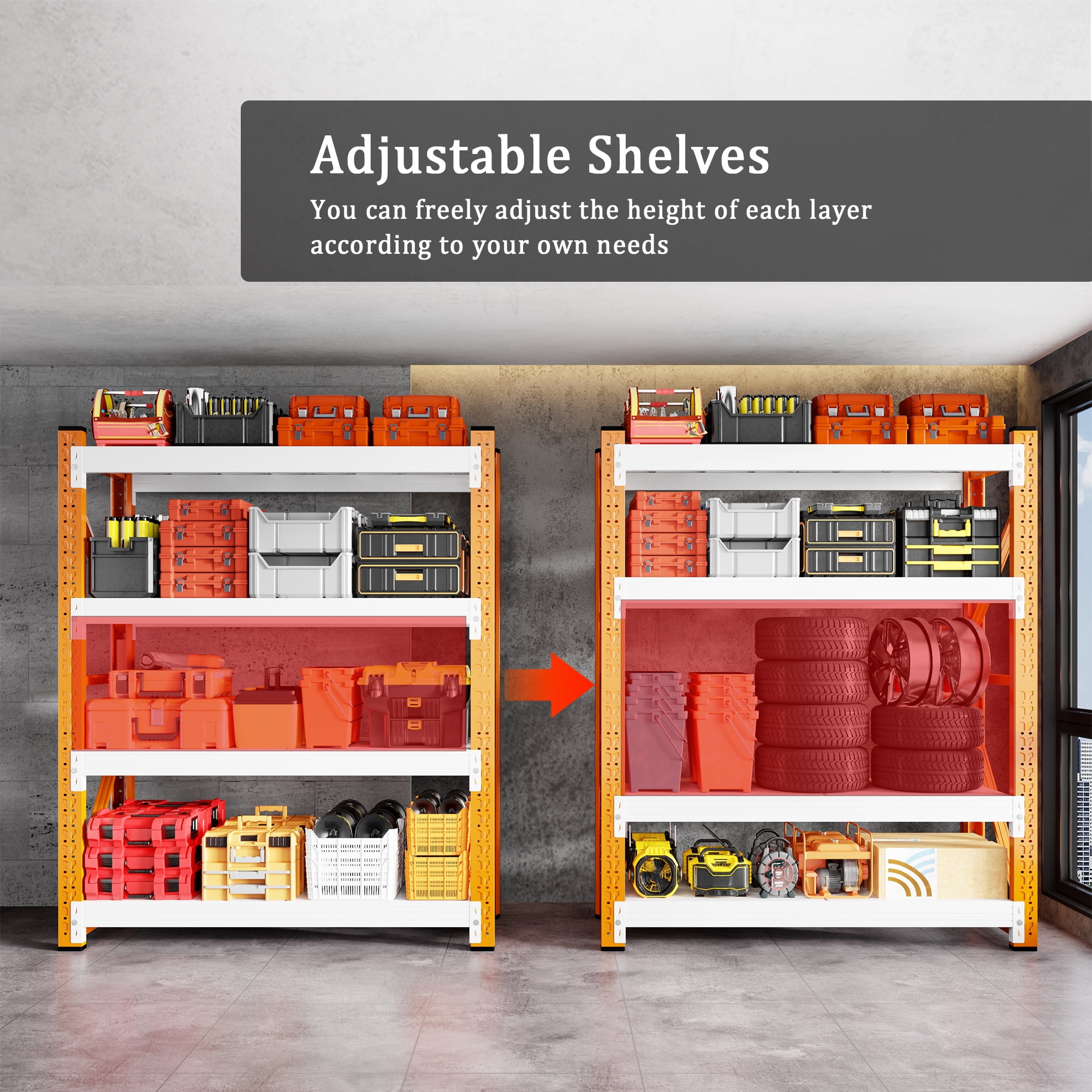 48" W Garage Shelving 3000LBS Garage Shelving Heavy Duty 4-Tier Metal Storage Shelves Adjustable Shelf Unit Storage Rack for Basement Supermarket Warehouse 48" W x 20" D x 78" H Orange-White