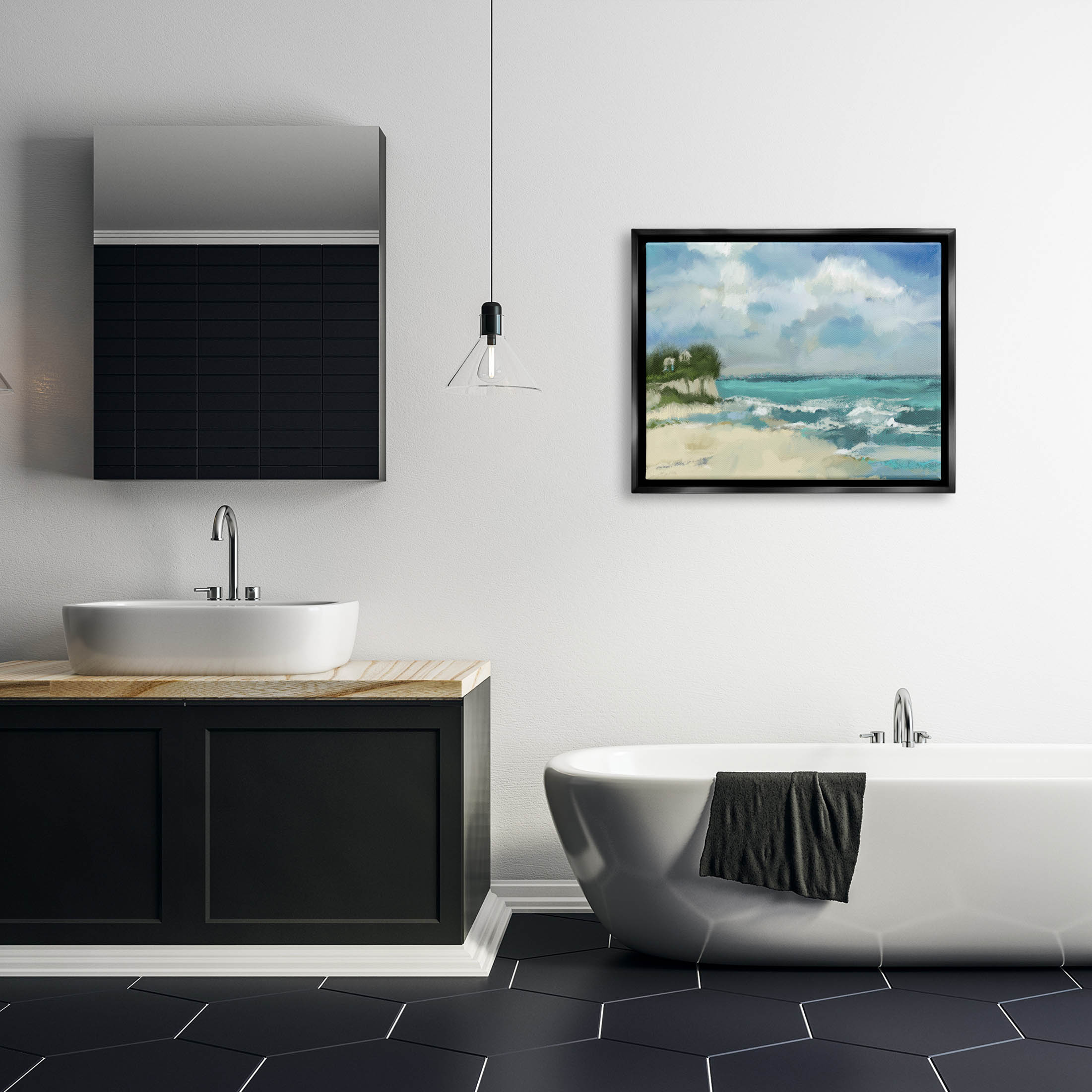 Stupell Industries Abstract Ocean Waves Sky Graphic Art Jet Black Floating Framed Canvas Print Wall Art, Design by Tina Finn