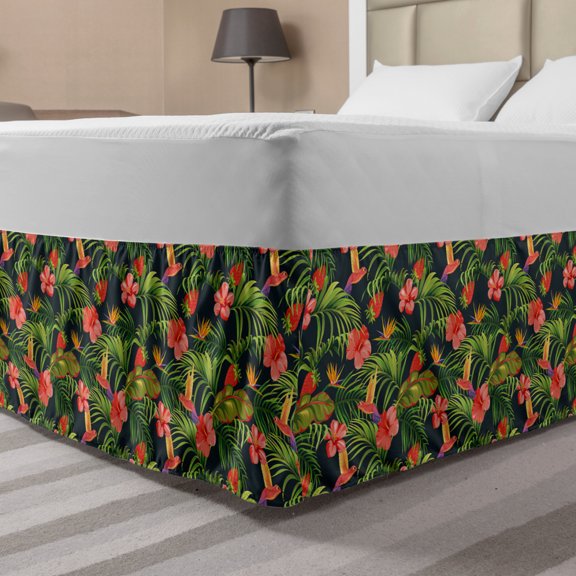 Hibiscus Bed Skirt, Palm and Banana Leaves Strawberry Tropical Birds, Elastic Bedskirt Dust Ruffle Wrap Around for Bedding Decor, 4 Sizes, Multicolor, by Ambesonne