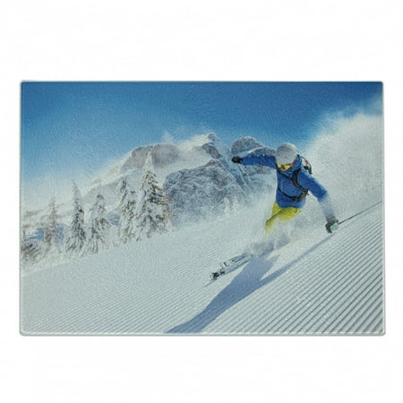

Winter Cutting Board Skier Skiing Downhill in High Mountains Extreme Winter Sports Hobby Activity Decorative Tempered Glass Cutting and Serving Board Small Size Blue White Yellow by Ambesonne