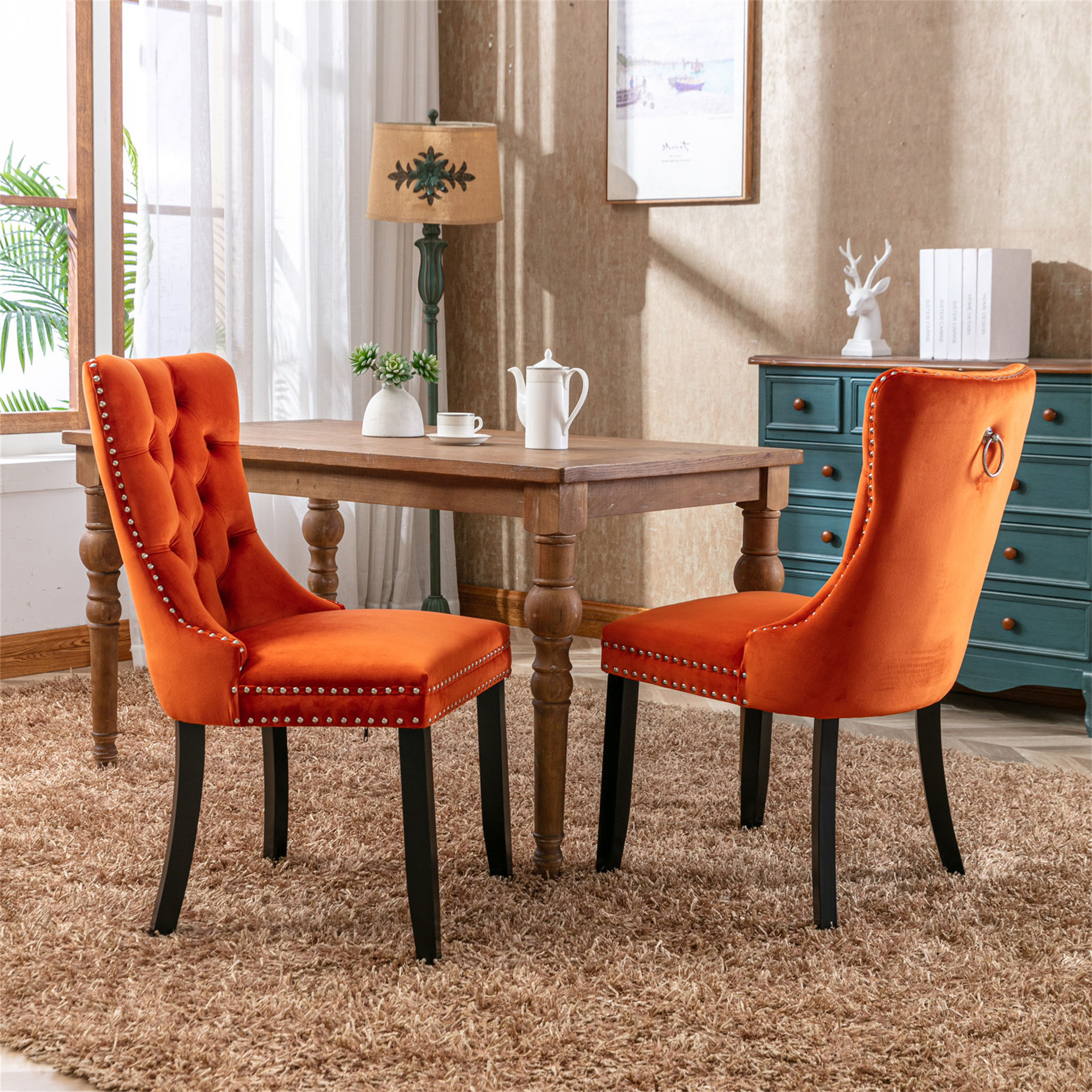 Miniyam Dining Chair Set of 2, High-end Tufted Velvet Upholstered, Orange
