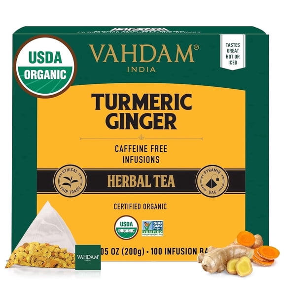 VAHDAM Organic Turmeric Ginger Herbal Tea, 100 Pyramid Tea Bags | Caffeine-Free, Non-GMO Herbal Infusion, Spiced Botanical Blend