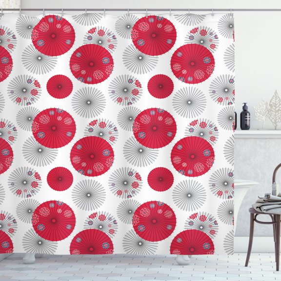 Umbrella Shower Curtain, Japanese Art Pattern with Circular Style Floral Ornamental Objects, Fabric Bathroom Set with Hooks, 69W X 75L Inches Long, Dark Pink Grey and White, by Ambesonne