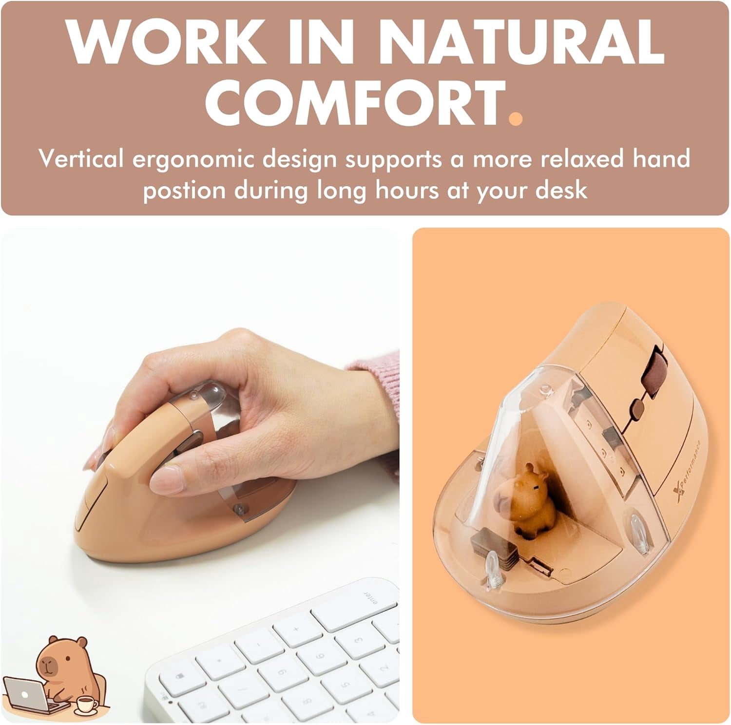 X9 Performance Wireless Vertical Ergonomic Mouse - Click with Capybara - (BT + 2.4G) Up to 4000 DPI, 6 Button, Rechargeable - Bluetooth Ergonomic Vertical Mouse Wireless - For Mac and PC - Brown