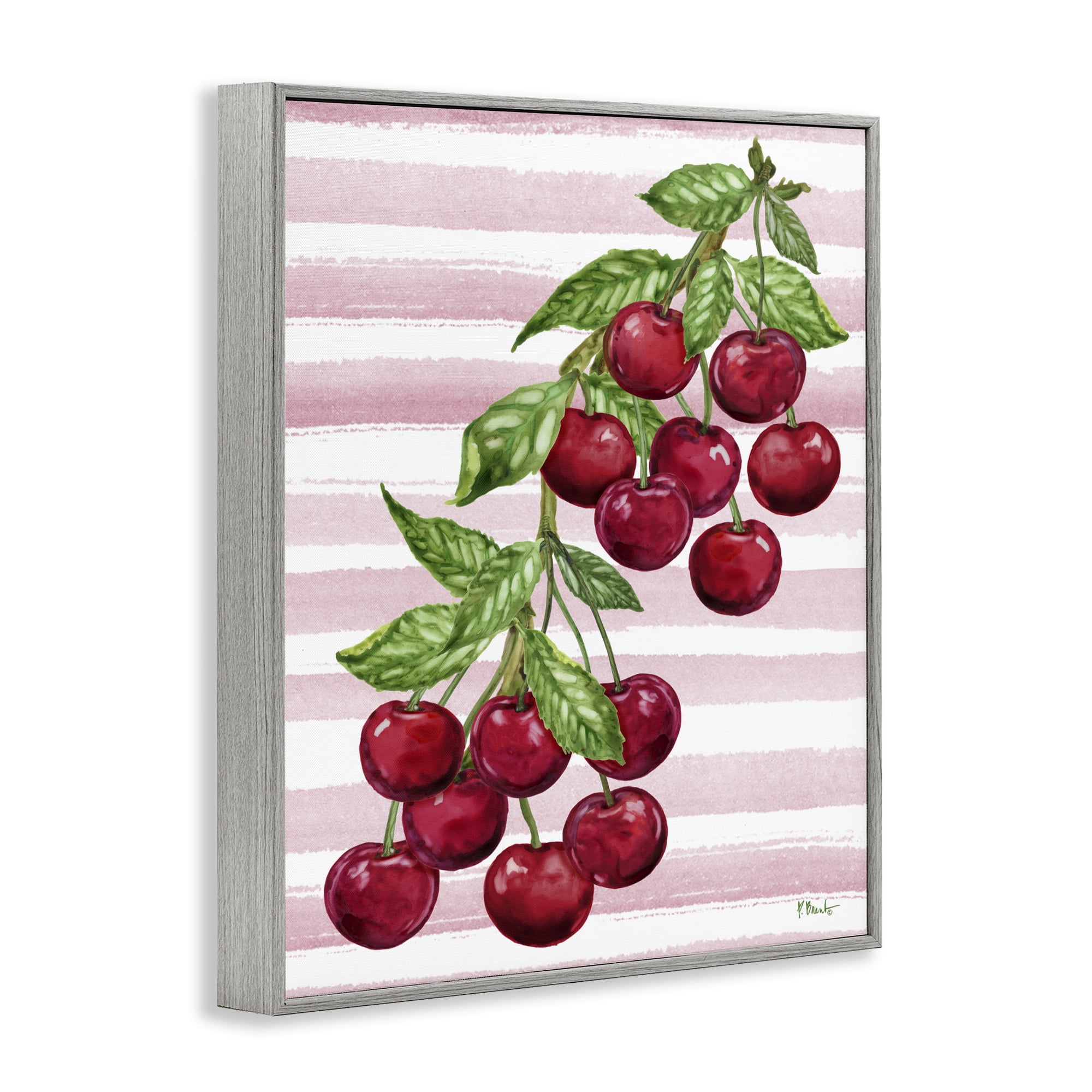Stupell Industries Juicy Cherry Vine on Stripes Gray Framed Giclee Art, design by Paul Brent