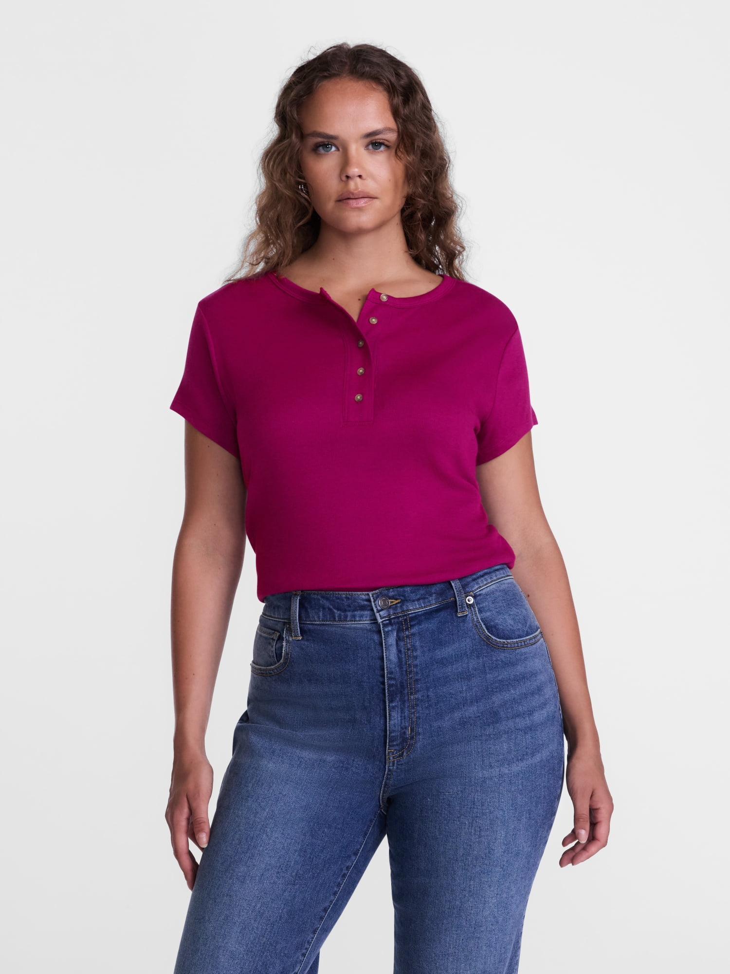 Scenario Women's Rib Henley with Short Sleeves, Sizes XS-XXXL