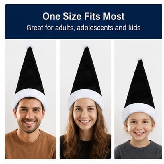BESTYASH Black Plush Christmas Santa Hat for Adults, Unisex Holiday Costume Cap, Soft Warm Party Accessory, Hand Wash