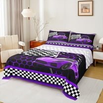 Manfei Boys Cartoon Automobile Full Size Sheets, Purple Sports Car Bed Sheets, Buffalo Checkered Flag Sheet Sets, Breathable Home Decor, 4pcs