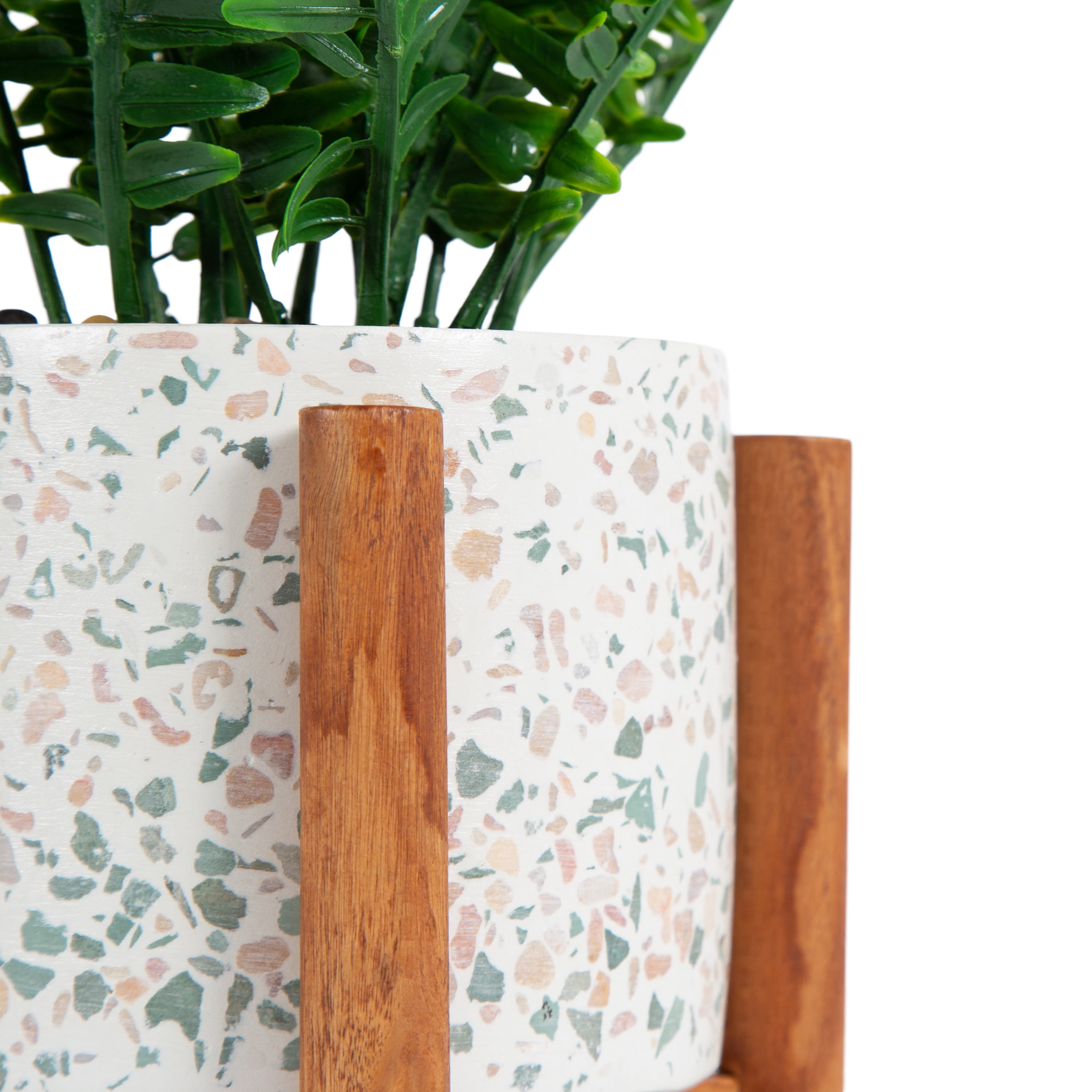 Design Ovation 10.5” x 3.875” Artificial Fern in Terrazo w/ Wooden Stand Plant Container
