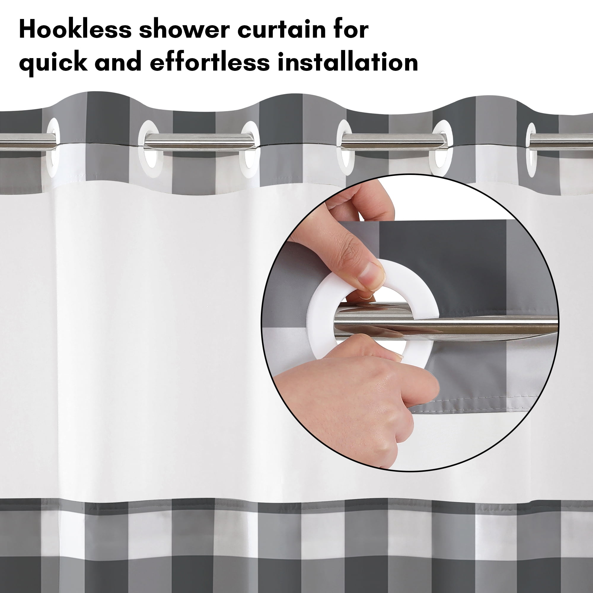 Americanflat 72x75 Hookless Shower Curtain - Gray Plaid Shower Curtain with Sheer Panel, Snap-In Liner, and Grommets - 100% Polyester