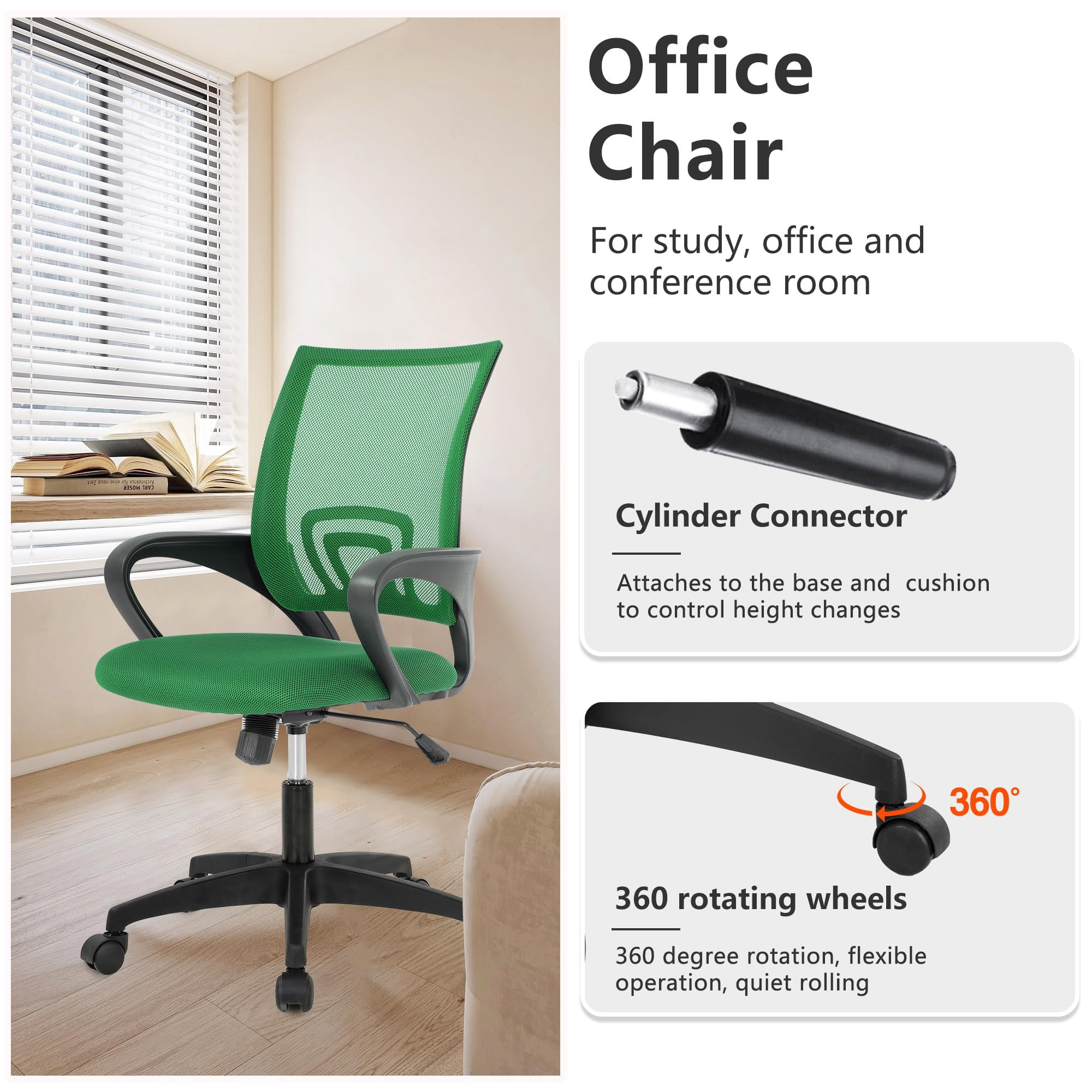 YRLLENSDAN Conference Room Chair Mesh Office Chair with Wheels Rolling Desk Chair with Arms Mesh Computer Chair for 250lb Adults Study Chair Adjustable Height,Green