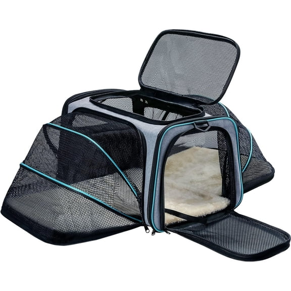 RUseeN Large Dog Carrier for Cats 4 Side Expandable Pet Transporter Airline Approved Removable Polar Pad and Pockets Large Cat Transporter for 2 Cats/Puppies and Small Animals