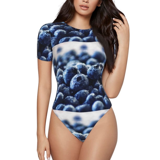 Balery Blueberry Body de cuello redondo de manga corta para mujer Tops de manga corta Tops básicos-Large