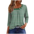 thumbnail image 2 of hxobax Striped 3/4 Length Sleeve Shirts Womens Trendy Pleated Crewneck Button Blouse Cute Tunic Tops, 2 of 5