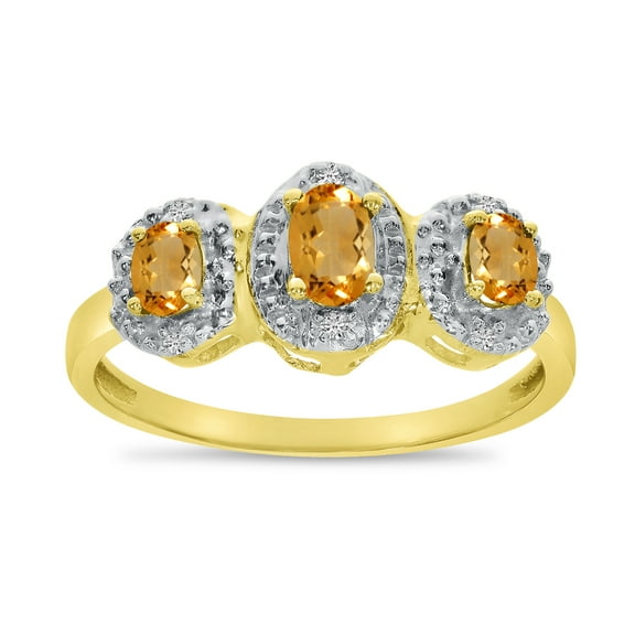 14k Yellow Gold Oval Citrine And Diamond Three Stone Ring
