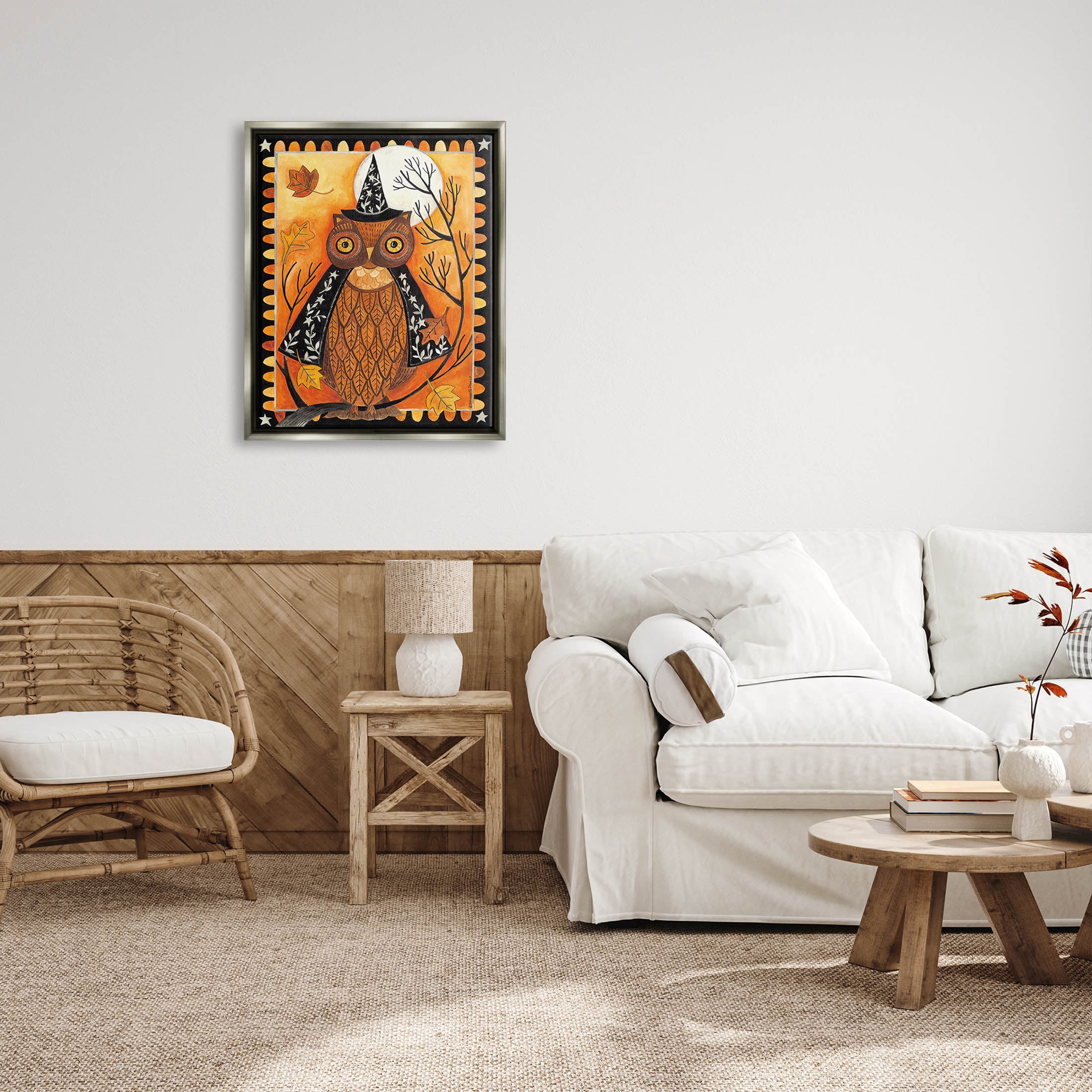 Seasonal Autumn Owl Moonlit Night Holiday Graphic Art Luster Gray Framed Art Print Wall Art