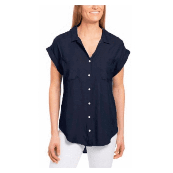 Jachs Girlfriend Women's 100% Rayon Quinn Cap Sleeve Button Front Blouse Navy S