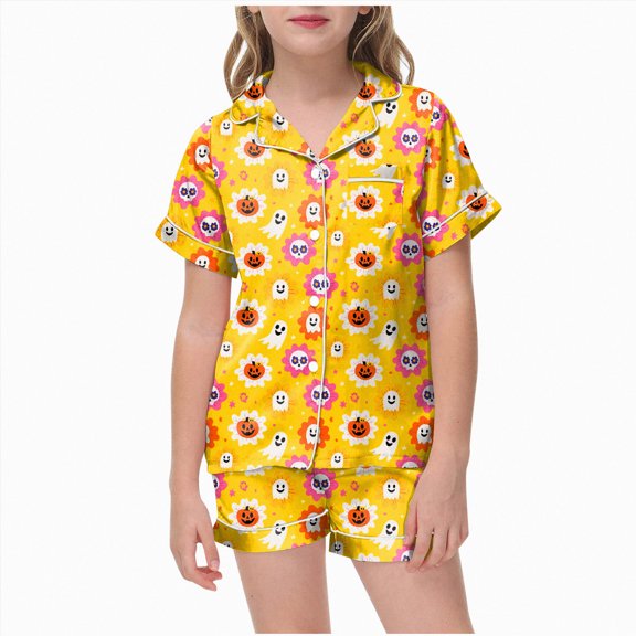 NIEWTR Halloween Pajamas Girls Pumpkin Ghost Print Short Sleeve Button Down Girls PJS Kids Sleepwear Nightwear Loungewear Set Kids Pajamas Girls