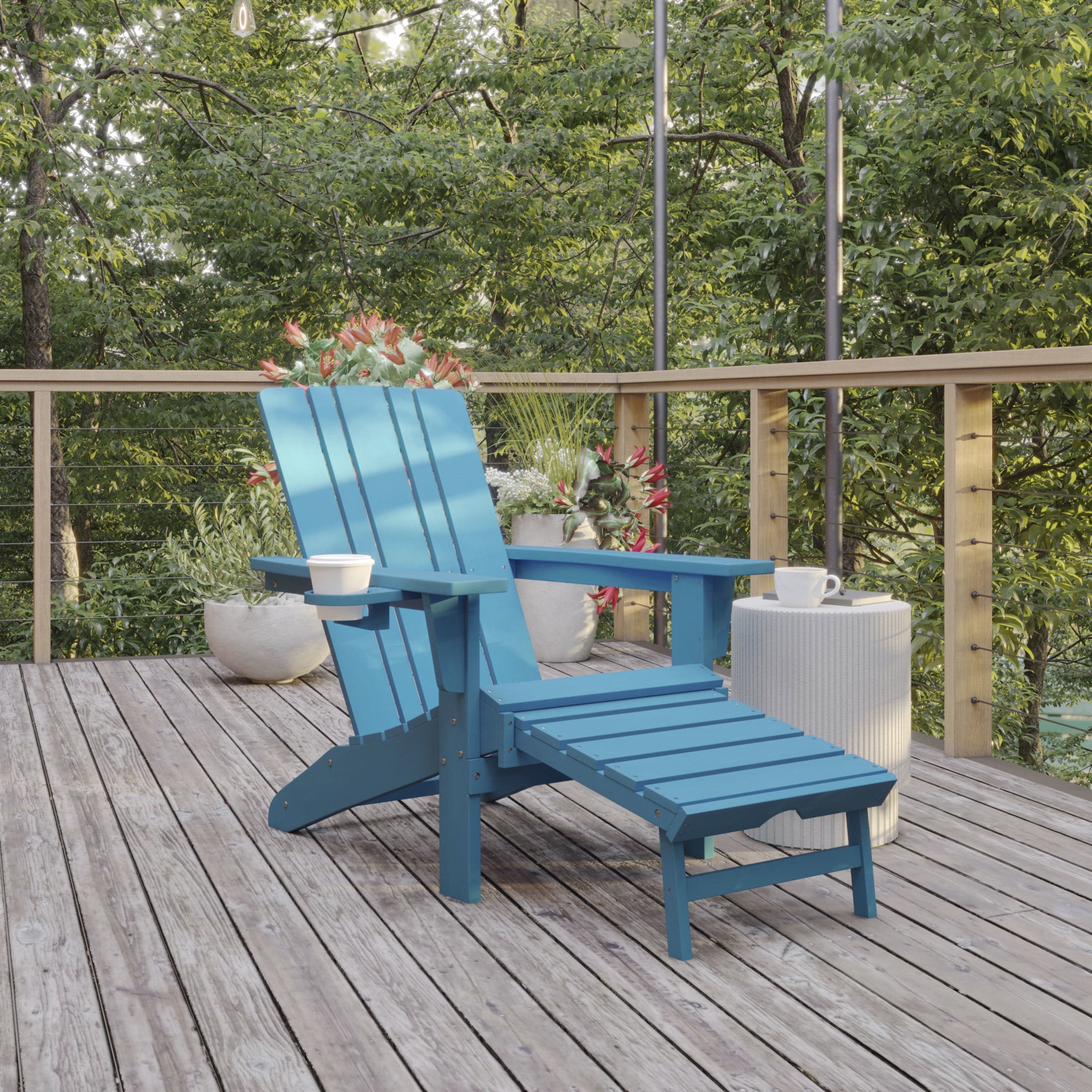 Flash Furniture Halifax HDPE Adirondack Chair with Cup Holder and Pull Out Ottoman, All-Weather HDPE Indoor/Outdoor Lounge Chair in Blue